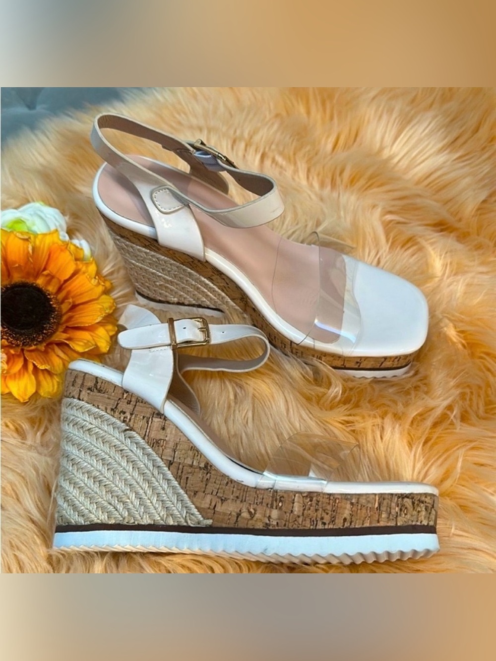 Women’s Platform Espadrille Wedge Sandals With Beige & Clear Strap Sz 8.5 NEW!